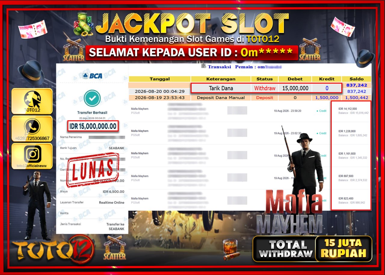 HANYA DI TOTO12 JP PASTI DI BAYAR LUNAS DAN CEPAT!!!!!! JACKPOT SLOT GAME (MAFIA MAYHEM) Rp15.000.000!!!!