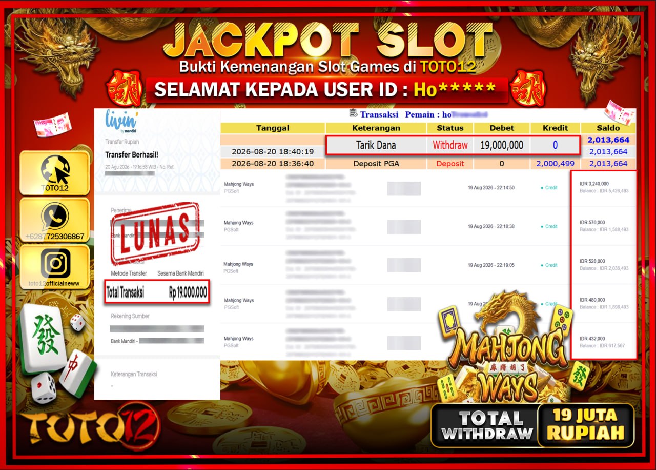 HANYA DI TOTO12 JP PASTI DI BAYAR LUNAS DAN CEPAT!!!!!! JACKPOT SLOT GAME (MAHJONG WAYS) Rp19.000.000!!!!