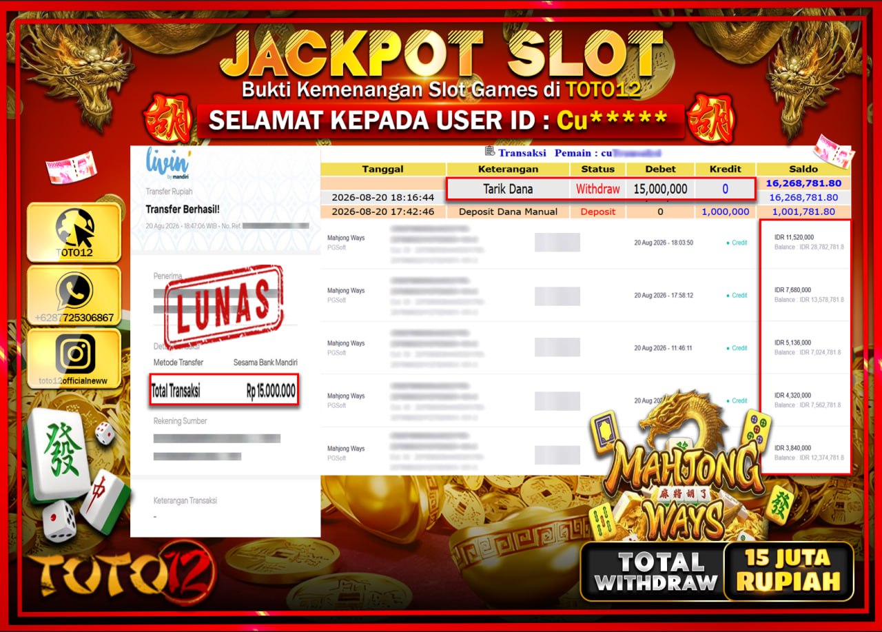 HANYA DI TOTO12 JP PASTI DI BAYAR LUNAS DAN CEPAT!!!!!! JACKPOT SLOT GAME (MAHJONG WAYS) Rp15.000.000!!!!