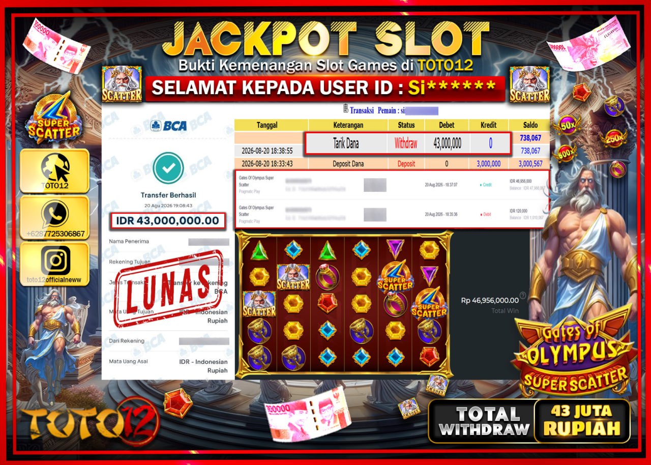 HANYA DI TOTO12 JP PASTI DI BAYAR LUNAS DAN CEPAT!!!!!! JACKPOT SLOT GAME (GATES OF OLYMPUS SUPER SCATTER) Rp43.000.000!!!!