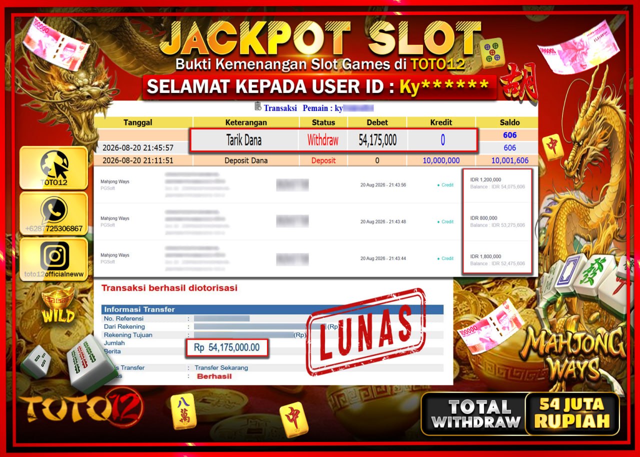 HANYA DI TOTO12 JP PASTI DI BAYAR LUNAS DAN CEPAT!!!!!! JACKPOT SLOT GAME (MAHJONG WAYS) Rp54.175.000!!!!