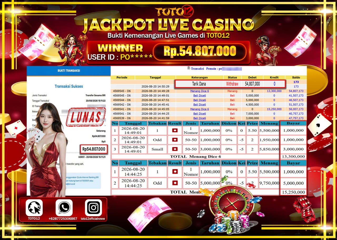 HANYA DI TOTO12 JP PASTI DI BAYAR LUNAS DAN CEPAT!!!!!! JACKPOT  LIVE GAME CASINO (DICE 6) Rp54.807.000!!!!