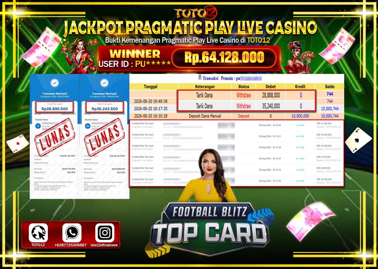 HANYA DI TOTO12 JP PASTI DI BAYAR LUNAS DAN CEPAT!!!!!! JACKPOT PRAGMATIC PLAY LIVE GAME CASINO (FOOTBALL BLITZ TOP CARD) Rp64.128.000!!!!