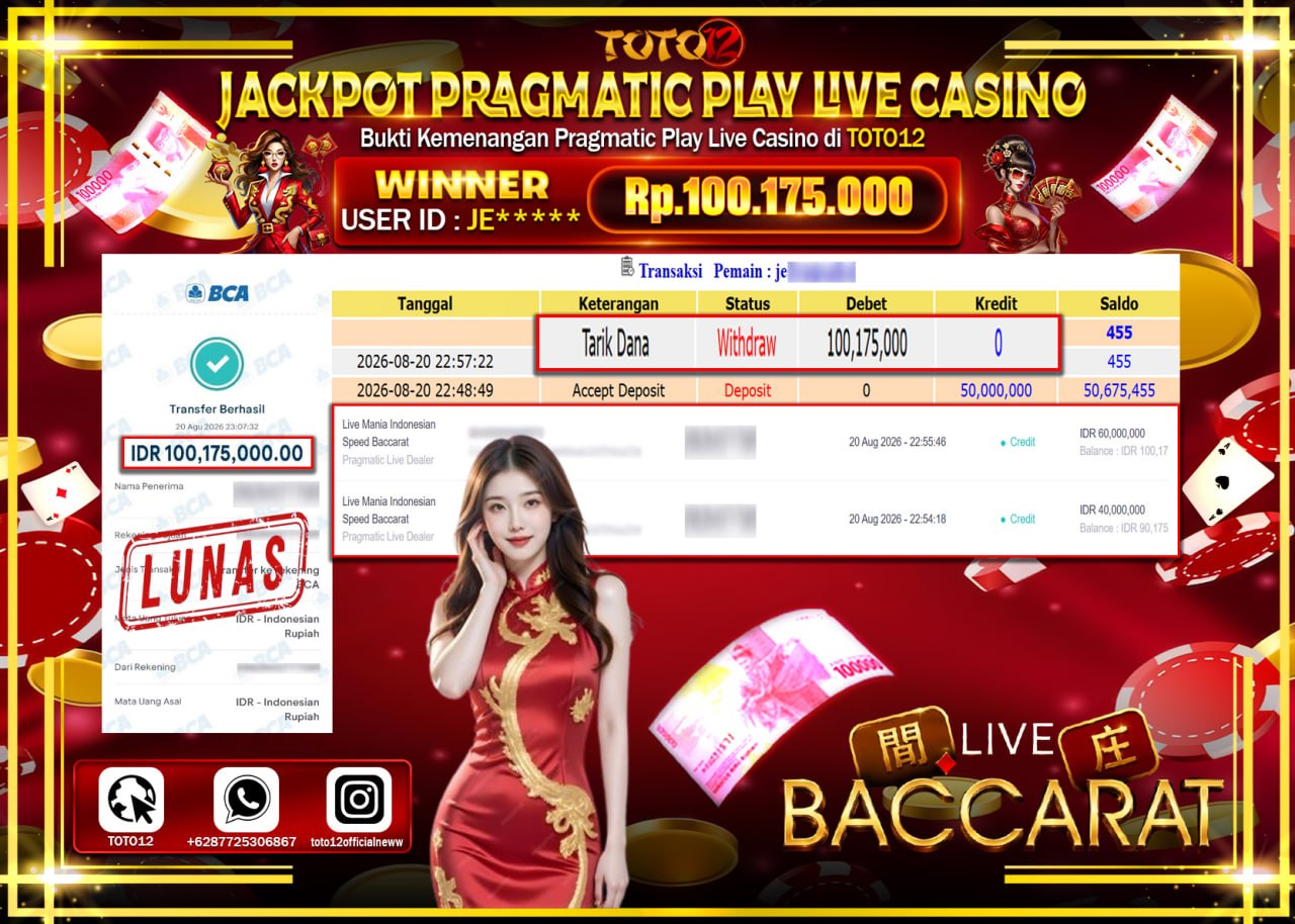 HANYA DI TOTO12 JP PASTI DI BAYAR LUNAS DAN CEPAT!!!!!! JACKPOT PRAGMATIC PLAY LIVE GAME CASINO (LIVE MANIA INDONESIAN SPEED BACCARAT) Rp100.175.000!!!!