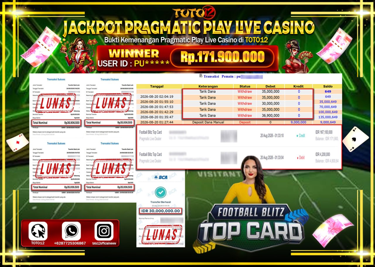 HANYA DI TOTO12 JP PASTI DI BAYAR LUNAS DAN CEPAT!!!!!! JACKPOT PRAGMATIC PLAY LIVE GAME CASINO (FOOTBALL BLITZ TOP CARD) Rp171.900.000!!!!