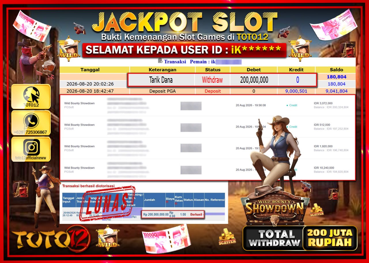HANYA DI TOTO12 JP PASTI DI BAYAR LUNAS DAN CEPAT!!!!!! JACKPOT SLOT GAME (WILD BOUNTY SHOWDOWN) Rp200.000.000!!!!