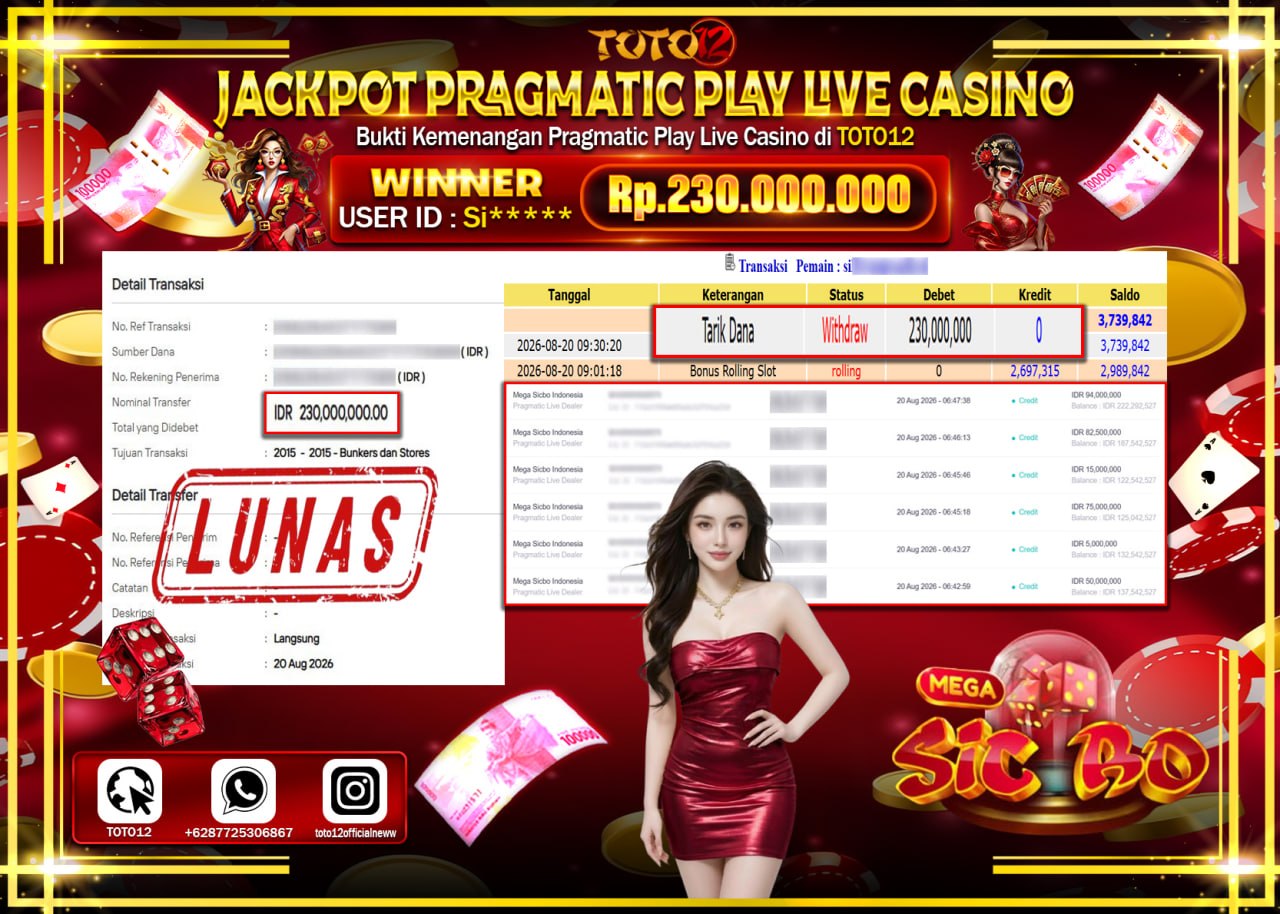 HANYA DI TOTO12 JP PASTI DI BAYAR LUNAS DAN CEPAT!!!!!! JACKPOT PRAGMATIC PLAY LIVE GAME CASINO (MEGA SICBO  INDONESIA) Rp230.000.000!!!!