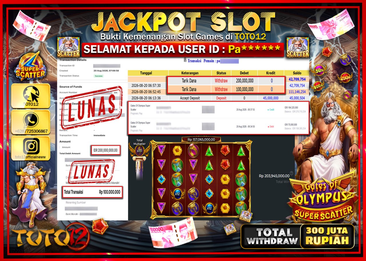 HANYA DI TOTO12 JP PASTI DI BAYAR LUNAS DAN CEPAT!!!!!! JACKPOT SLOT GAME (GATES OF OLYMPUS SUPER SCATTER) Rp300.000.000!!!!