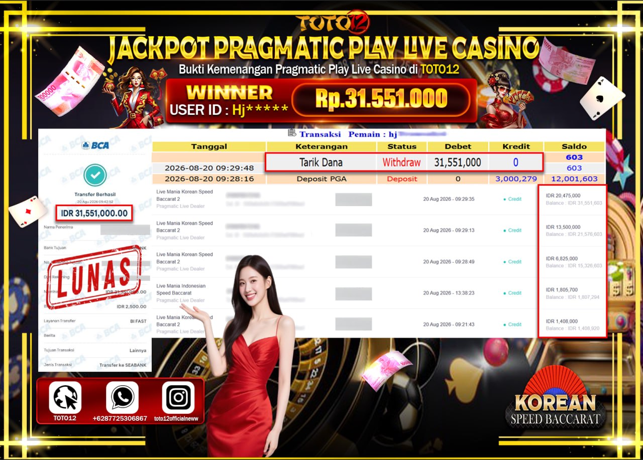 HANYA DI TOTO12 JP PASTI DI BAYAR LUNAS DAN CEPAT!!!!!! JACKPOT PRAGMATIC PLAY LIVE GAME CASINO (LIVE MANIA KOREAN SPEED BACCARAT 2) Rp31.551.000!!!!