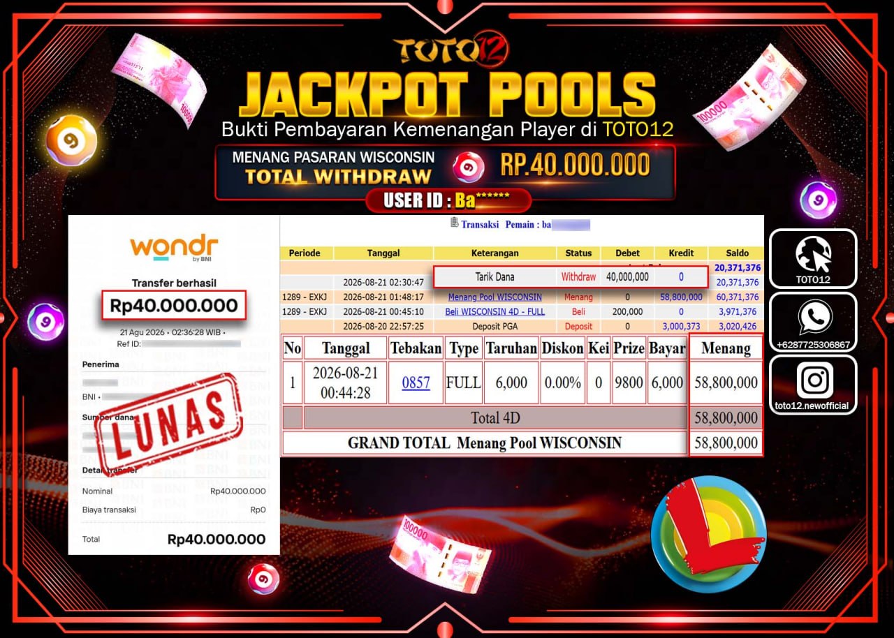 HANYA DI TOTO12 JP PASTI DI BAYAR LUNAS DAN CEPAT!!!!!! JACKPOT POOLS PASARAN (WISCONSIN) Rp40.000.000!!!!