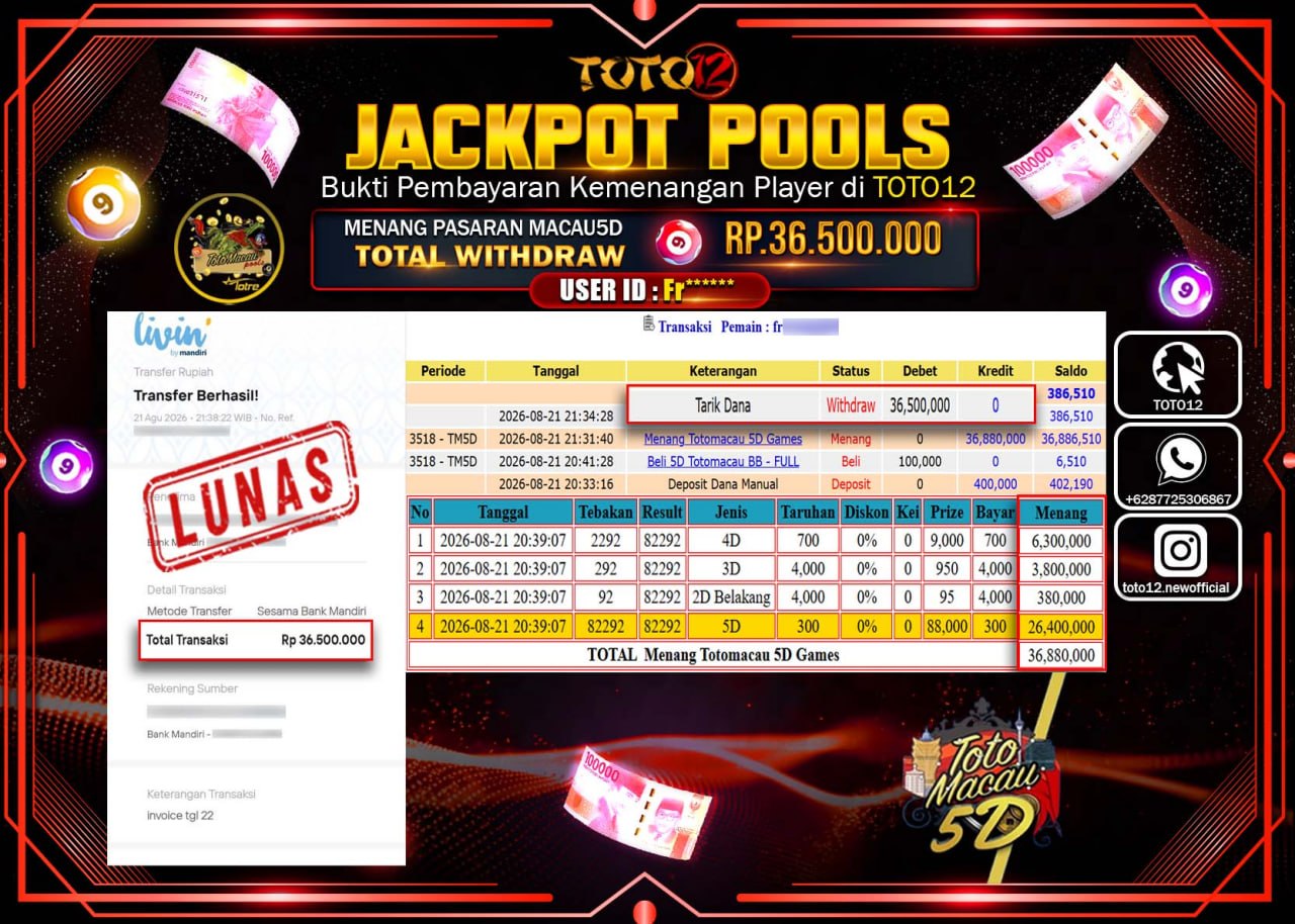 HANYA DI TOTO12 JP PASTI DI BAYAR LUNAS DAN CEPAT!!!!!! JACKPOT SLOT GAME (MACAU 5D) Rp36.500.000!!!!