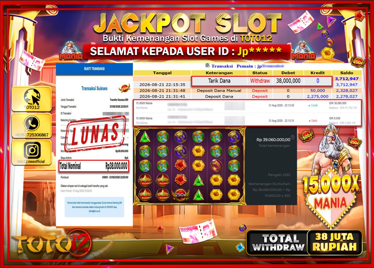 HANYA DI TOTO12 JP PASTI DI BAYAR LUNAS DAN CEPAT!!!!!! JACKPOT SLOT GAME (15.000 X MANIA) Rp38.000.000!!!!