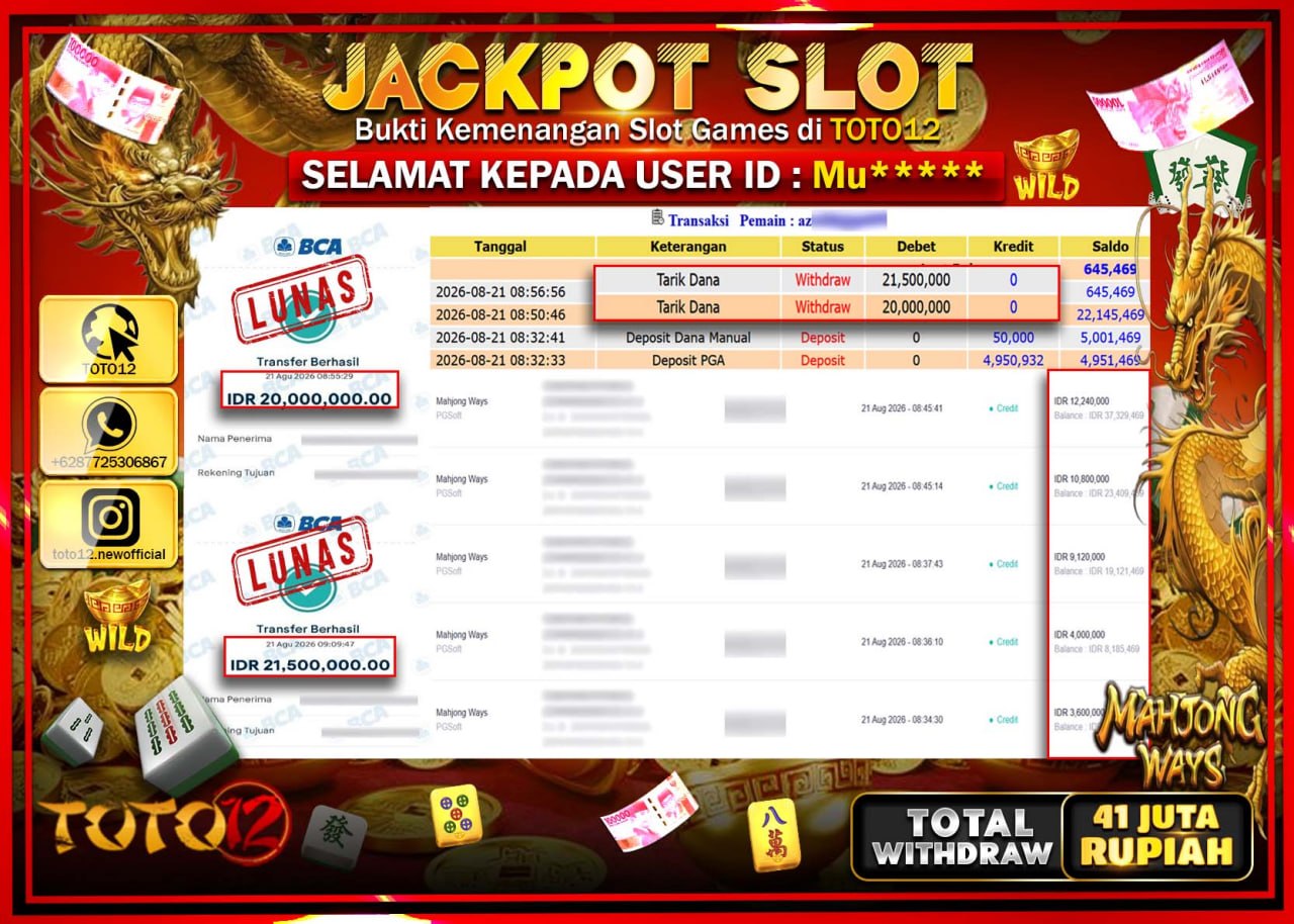 HANYA DI TOTO12 JP PASTI DI BAYAR LUNAS DAN CEPAT!!!!!! JACKPOT SLOT GAME (MAHJONG WAYS) Rp41.500.000!!!!