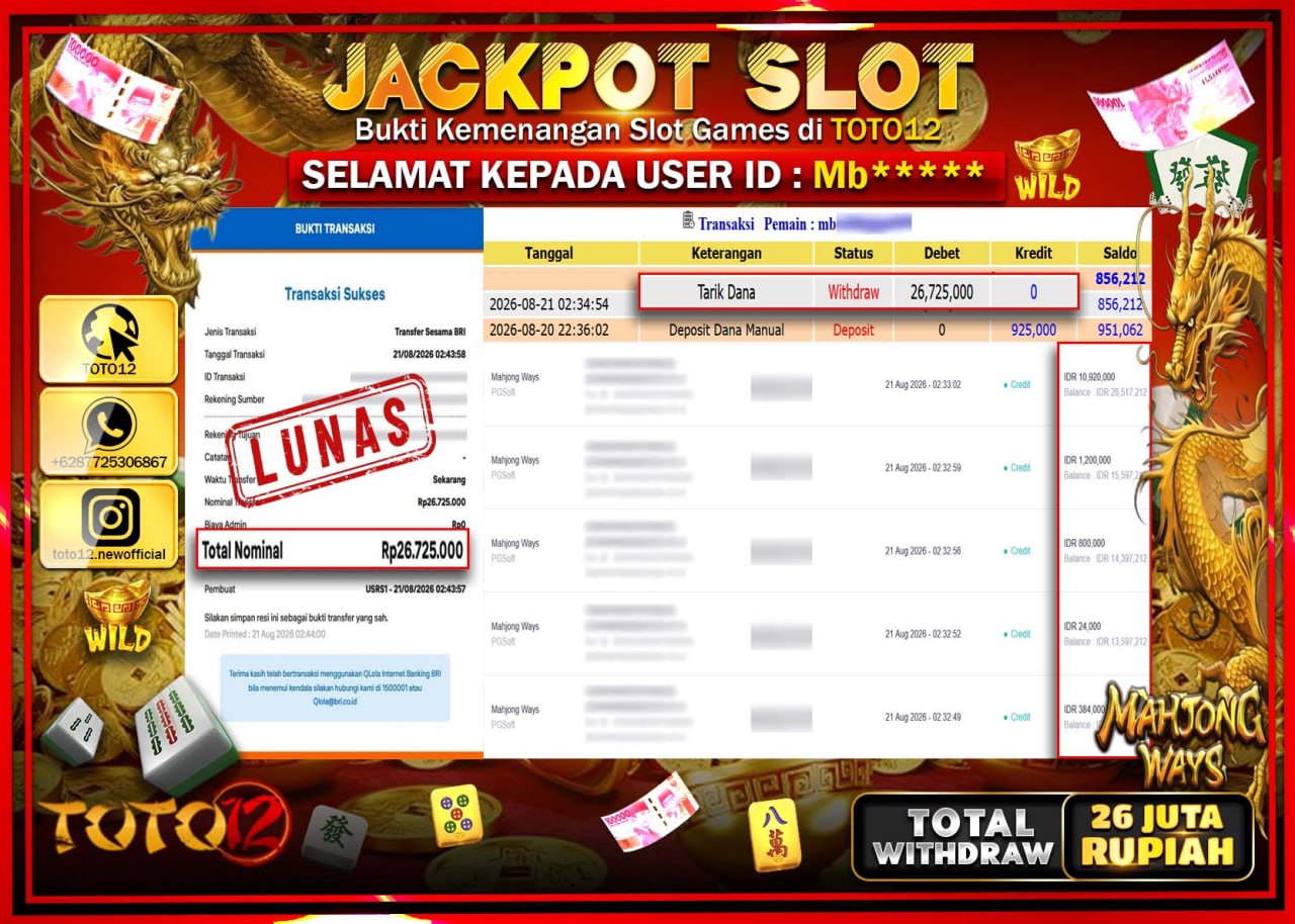 HANYA DI TOTO12 JP PASTI DI BAYAR LUNAS DAN CEPAT!!!!!! JACKPOT SLOT GAME (MAHJONG WAYS) Rp26.725.000!!!!
