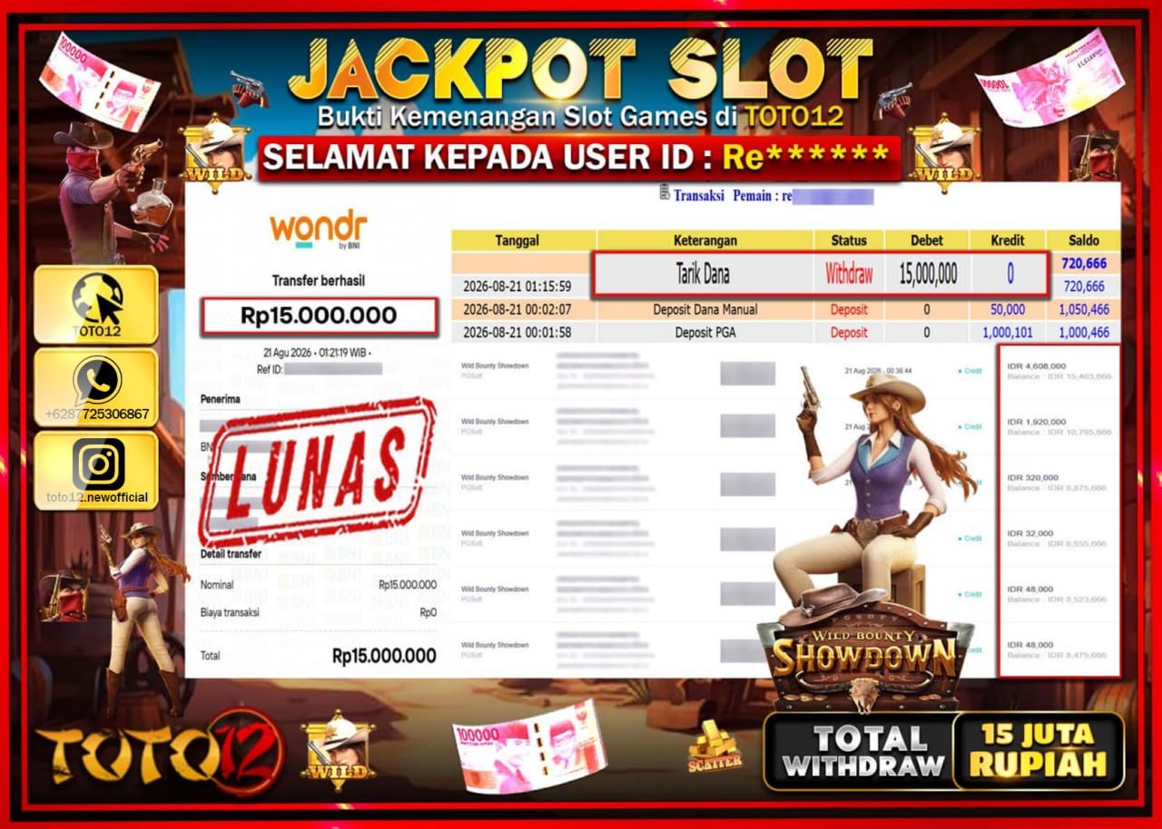 HANYA DI TOTO12 JP PASTI DI BAYAR LUNAS DAN CEPAT!!!!!! JACKPOT SLOT GAME (WILD BOUNTY SHOWDOWN) Rp15.000.000!!!!