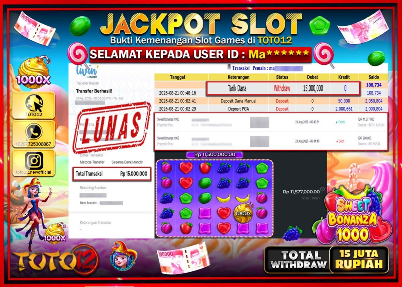 HANYA DI TOTO12 JP PASTI DI BAYAR LUNAS DAN CEPAT!!!!!! JACKPOT SLOT GAME (SWEET BONANZA 1000) Rp15.000.000!!!!
