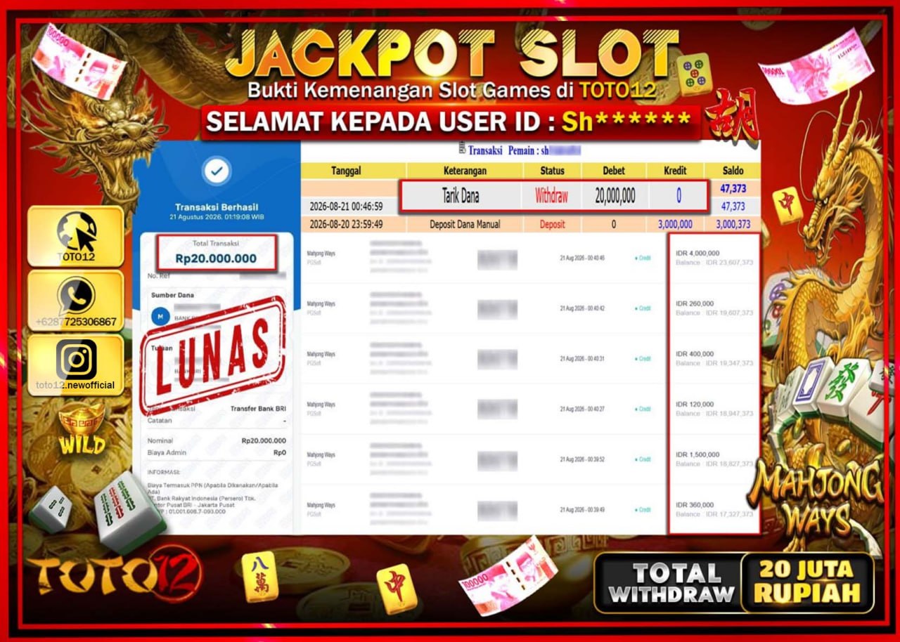 HANYA DI TOTO12 JP PASTI DI BAYAR LUNAS DAN CEPAT!!!!!! JACKPOT SLOT GAME (MAHJONG WAYS) Rp20.000.000!!!!