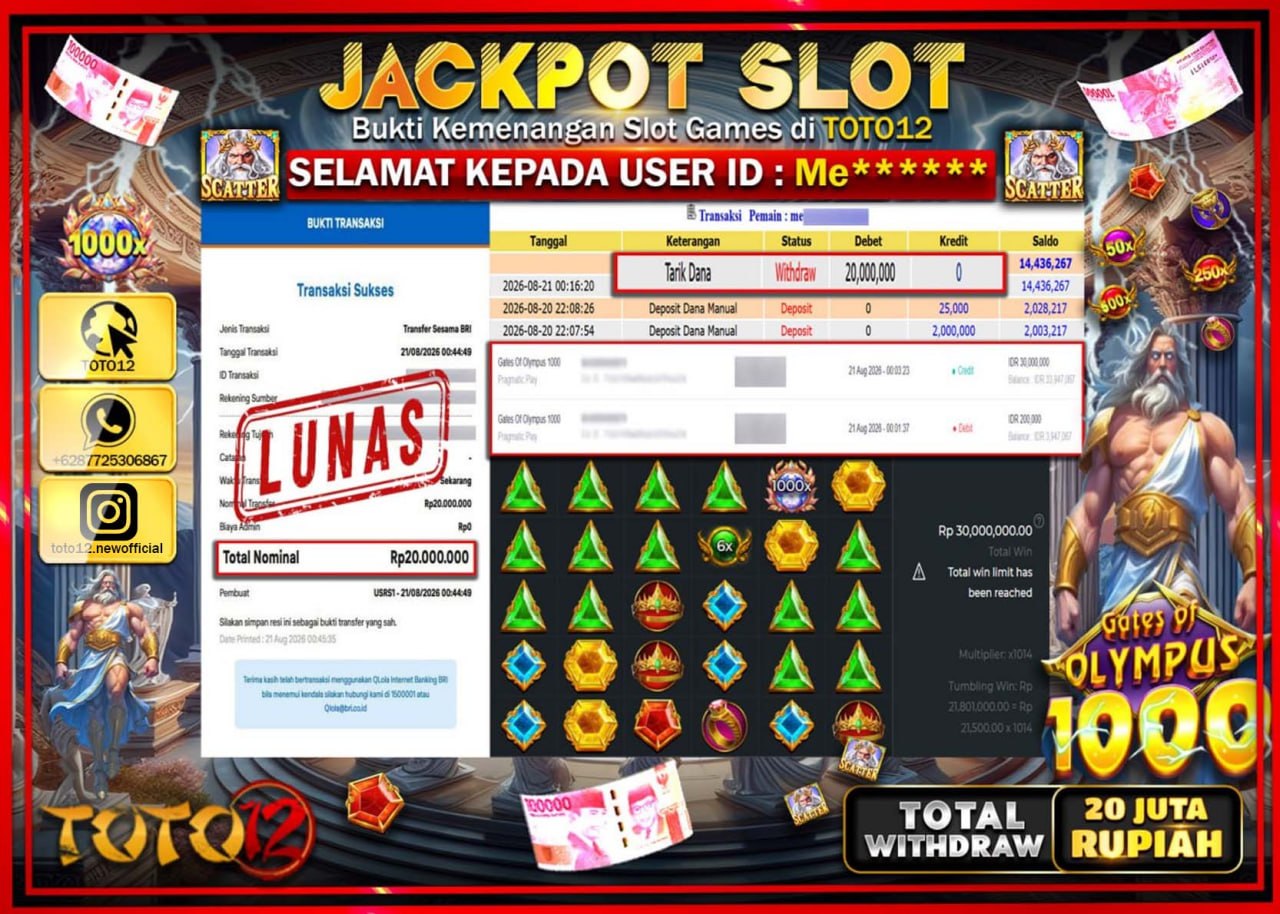 HANYA DI TOTO12 JP PASTI DI BAYAR LUNAS DAN CEPAT!!!!!! JACKPOT SLOT GAME (GATES OF OLYMPUS 1000) Rp20.000.000!!!!