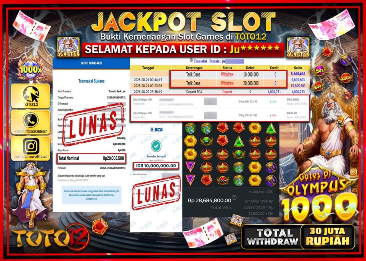 HANYA DI TOTO12 JP PASTI DI BAYAR LUNAS DAN CEPAT!!!!!! JACKPOT SLOT GAME (GATES OF OLYMPUS 1000) Rp30.000.000!!!!