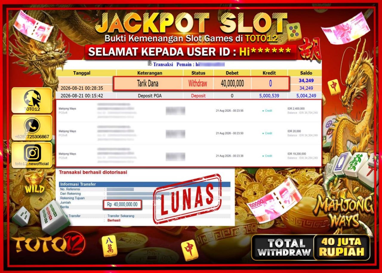 HANYA DI TOTO12 JP PASTI DI BAYAR LUNAS DAN CEPAT!!!!!! JACKPOT SLOT GAME (MAHJONG WAYS) Rp40.000.000!!!!