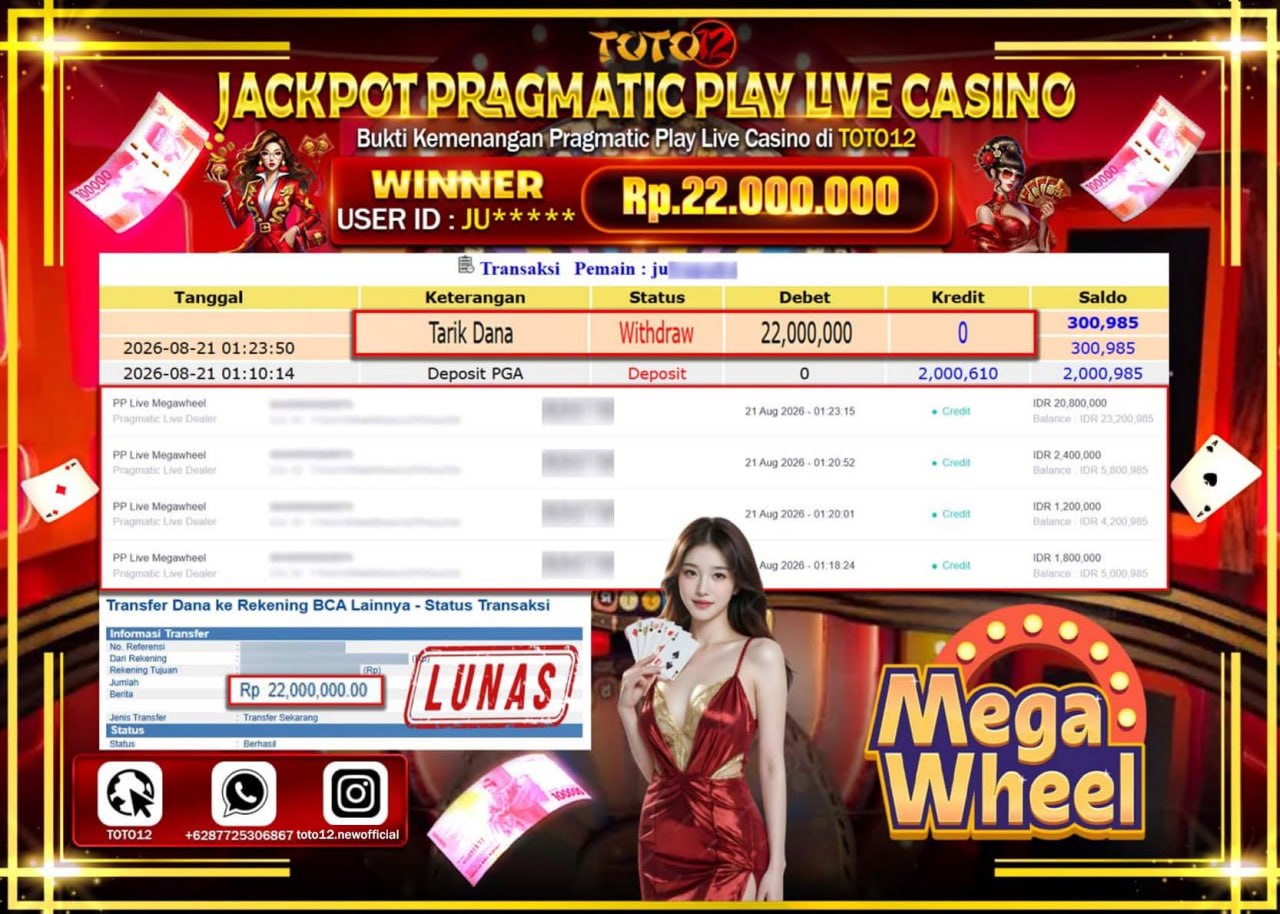 HANYA DI TOTO12 JP PASTI DI BAYAR LUNAS DAN CEPAT!!!!!! JACKPOT PRAGMATIC PLAY LIVE GAME CASINO (MEGA WHEEL) Rp22.000.000!!!!