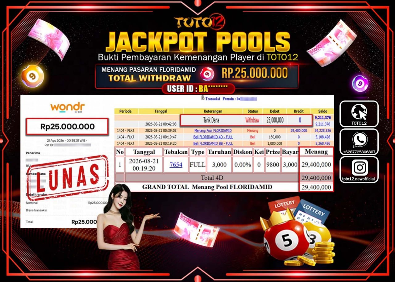 HANYA DI TOTO12 JP PASTI DI BAYAR LUNAS DAN CEPAT!!!!!! JACKPOT POOLS PASARAN (FLORIDAMID) Rp25.000.000!!!!