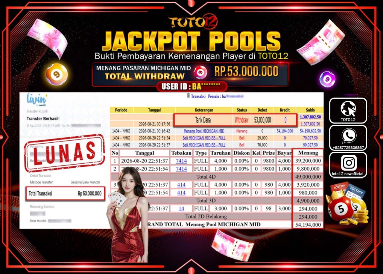 HANYA DI TOTO12 JP PASTI DI BAYAR LUNAS DAN CEPAT!!!!!! JACKPOT POOLS PASARAN (MICHIGAN MID) Rp53.000.000!!!!
