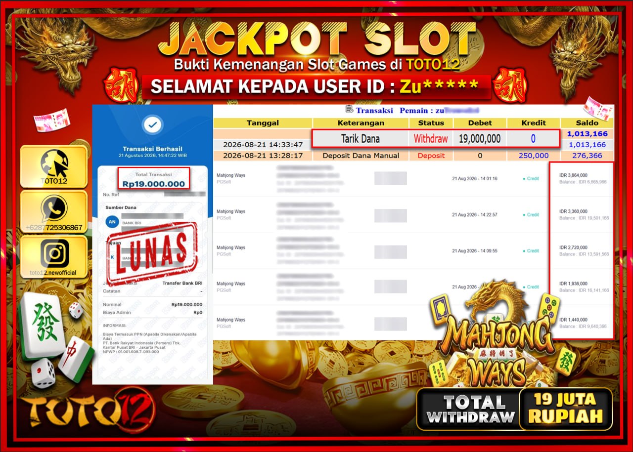 HANYA DI TOTO12 JP PASTI DI BAYAR LUNAS DAN CEPAT!!!!!! JACKPOT SLOT GAME (MAHJONG WAYS) Rp19.000.000!!!!