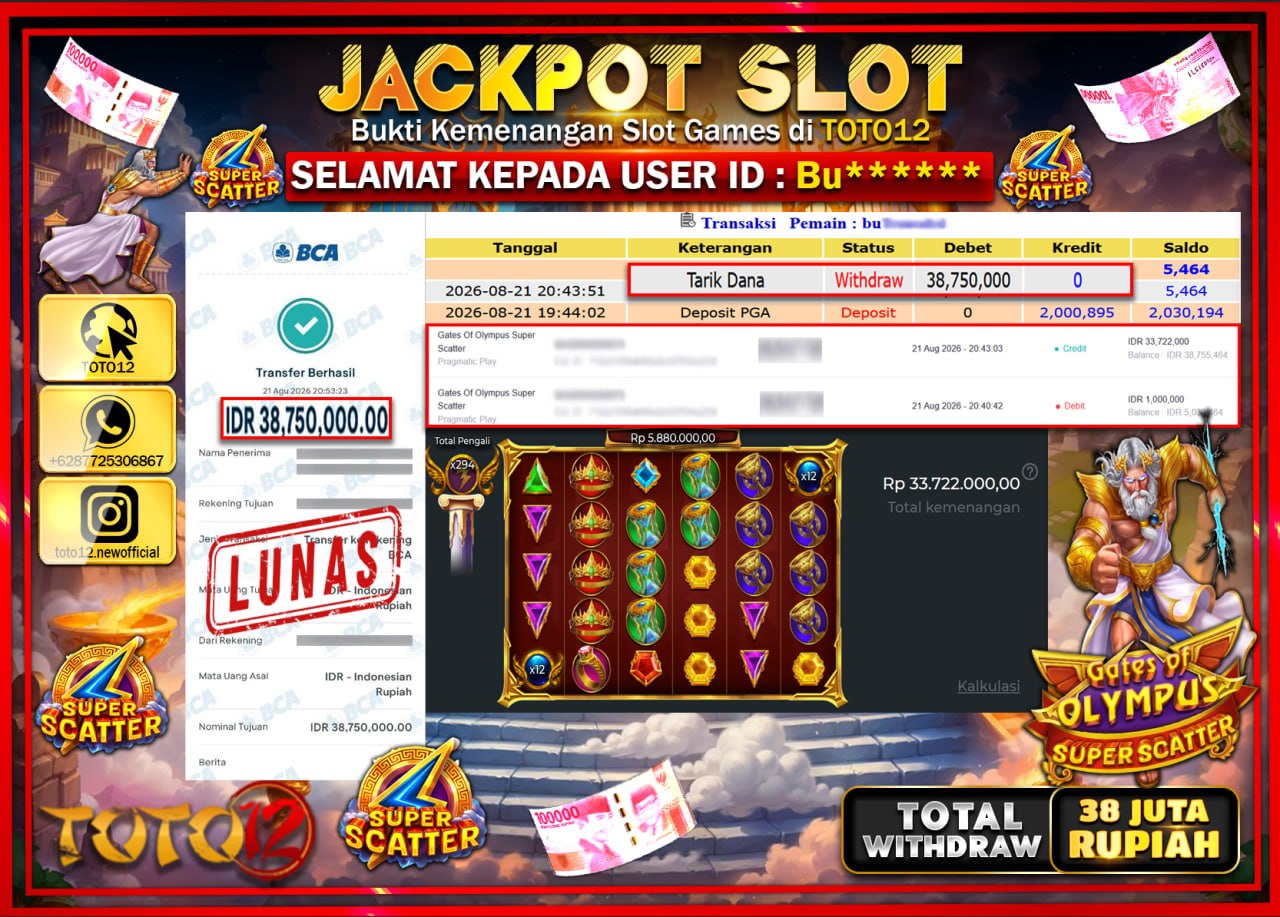 HANYA DI TOTO12 JP PASTI DI BAYAR LUNAS DAN CEPAT!!!!!! JACKPOT SLOT GAME (GATES OF OLYMPUS SUPER SCATTER) Rp38.750.000!!!!