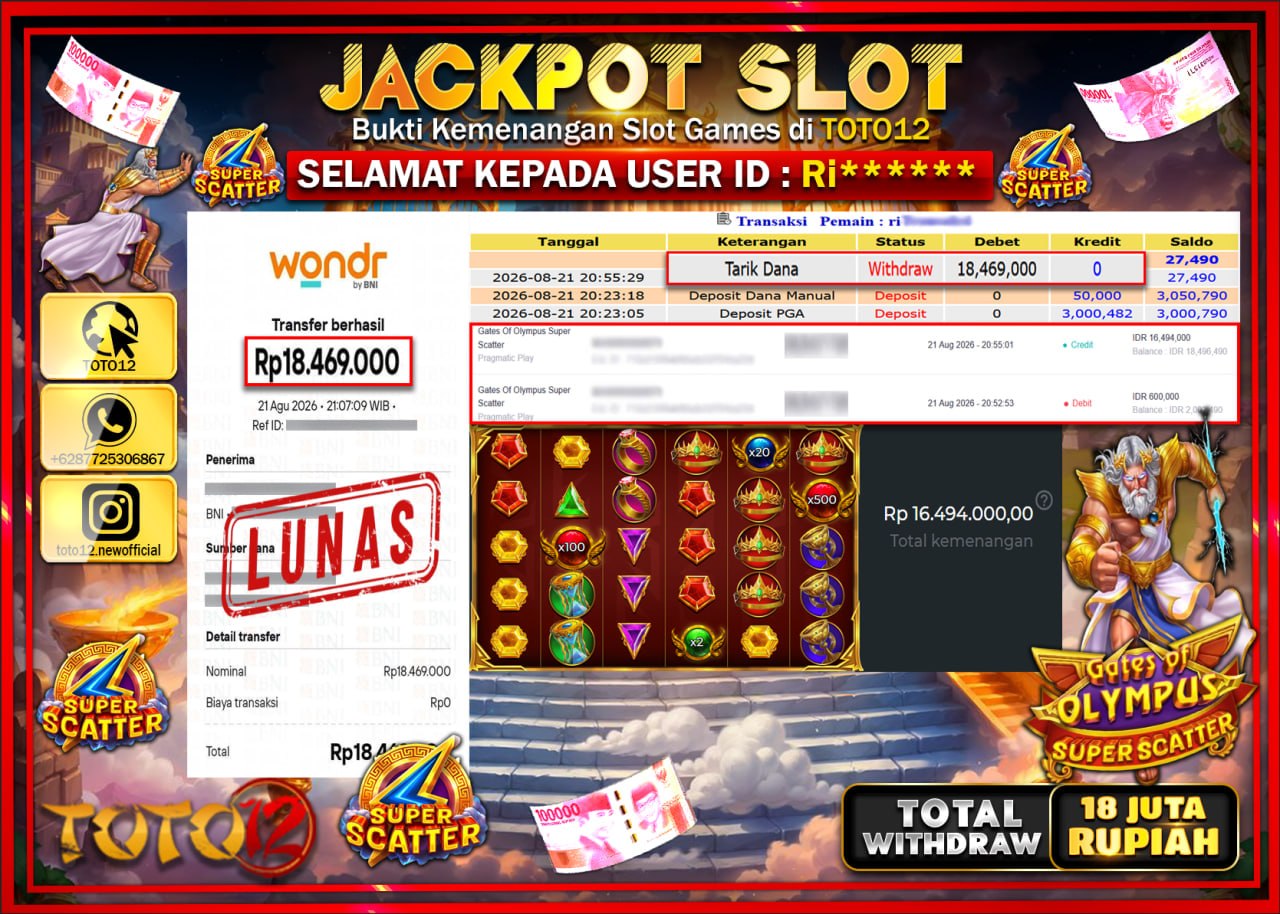 HANYA DI TOTO12 JP PASTI DI BAYAR LUNAS DAN CEPAT!!!!!! JACKPOT SLOT GAME (GATES OF OLYMPUS SUPER SCATTER) Rp18.469.000!!!!