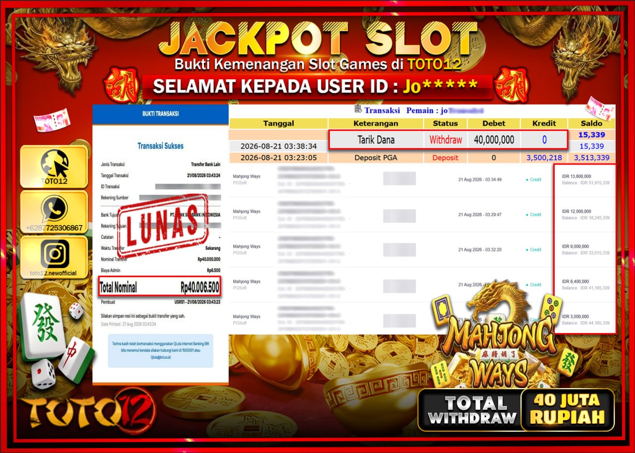 HANYA DI TOTO12 JP PASTI DI BAYAR LUNAS DAN CEPAT!!!!!! JACKPOT SLOT GAME (MAHJONG WAYS) Rp40.000.000!!!!