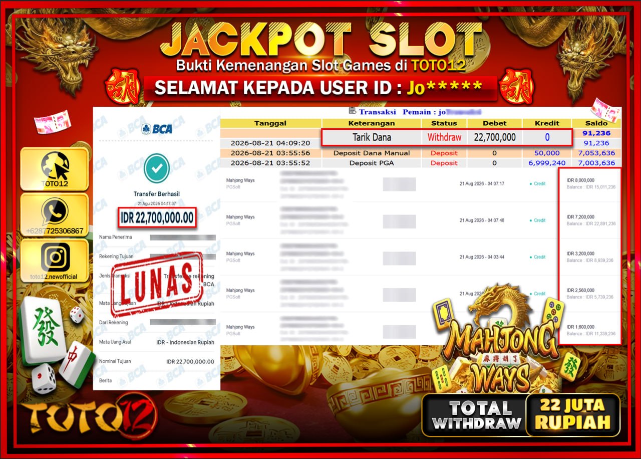 HANYA DI TOTO12 JP PASTI DI BAYAR LUNAS DAN CEPAT!!!!!! JACKPOT SLOT GAME (MAHJONG WAYS) Rp22.700.000!!!!