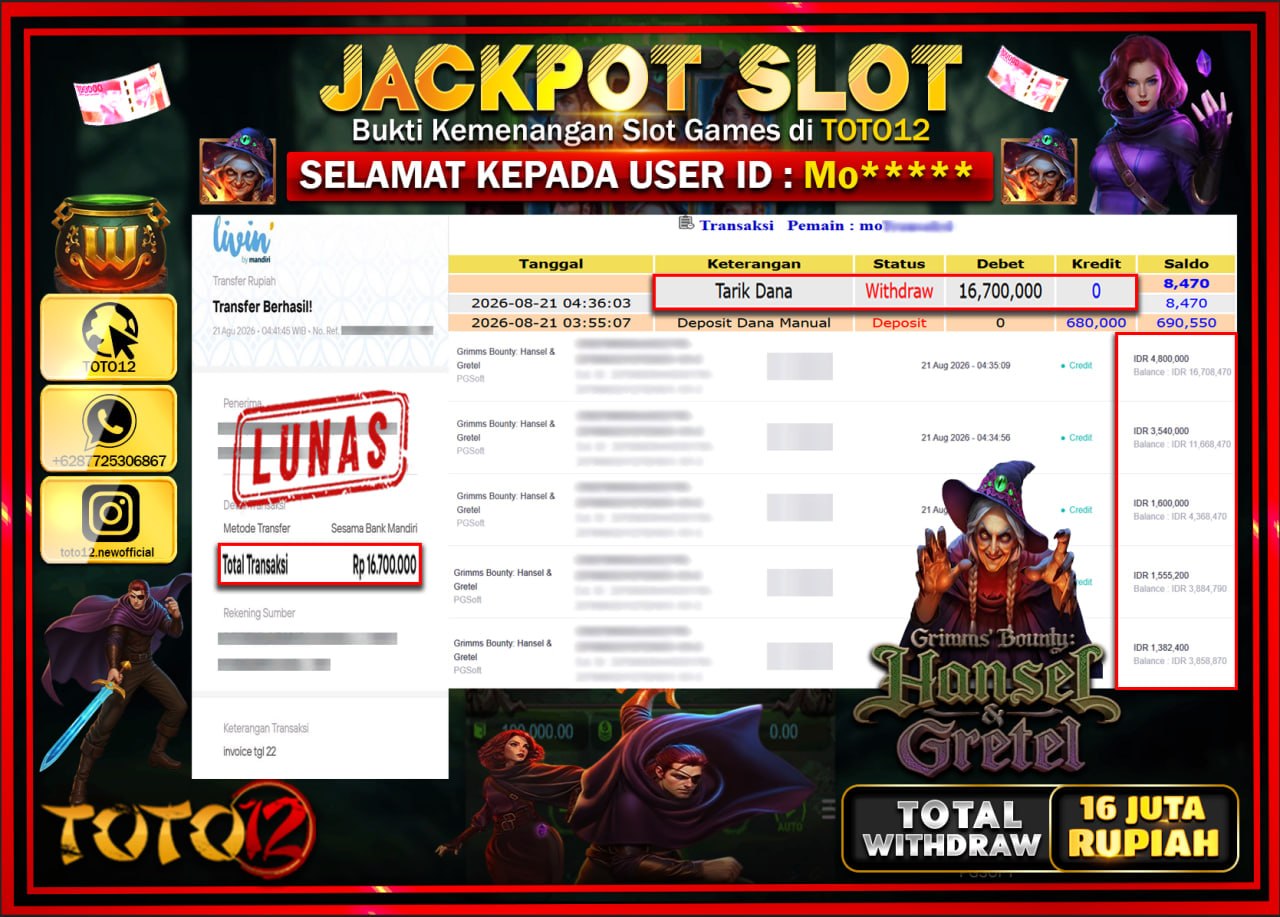 HANYA DI TOTO12 JP PASTI DI BAYAR LUNAS DAN CEPAT!!!!!! JACKPOT SLOT GAME (GRIMMS BOUNTY HANSEL GRETEL) Rp16.700.000!!!!