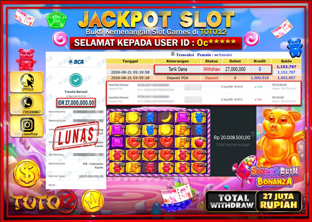 HANYA DI TOTO12 JP PASTI DI BAYAR LUNAS DAN CEPAT!!!!!! JACKPOT SLOT GAME (SWEET RUSH BONANZA) Rp27.000.000!!!!