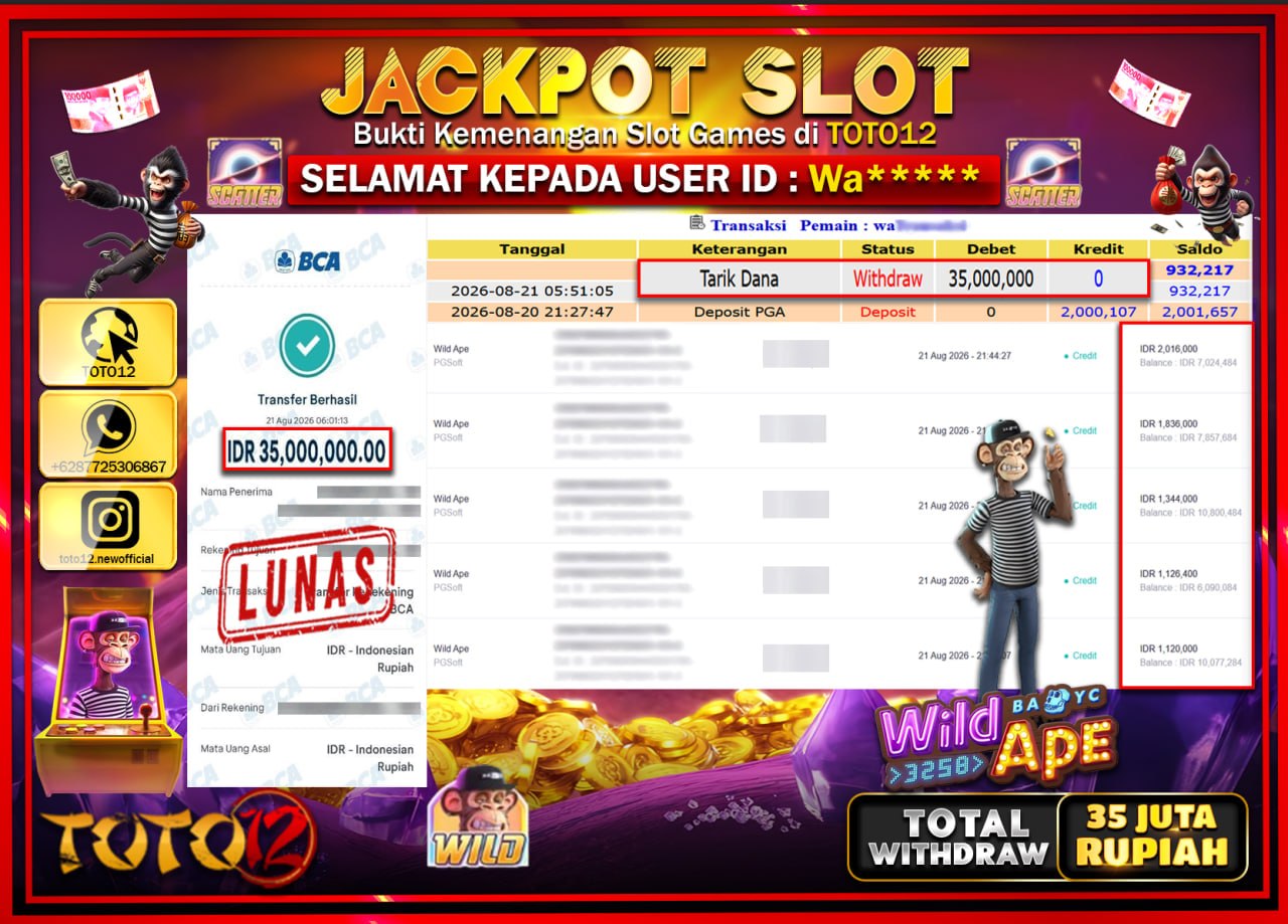HANYA DI TOTO12 JP PASTI DI BAYAR LUNAS DAN CEPAT!!!!!! JACKPOT SLOT GAME (WILD APE) Rp35.000.000!!!!