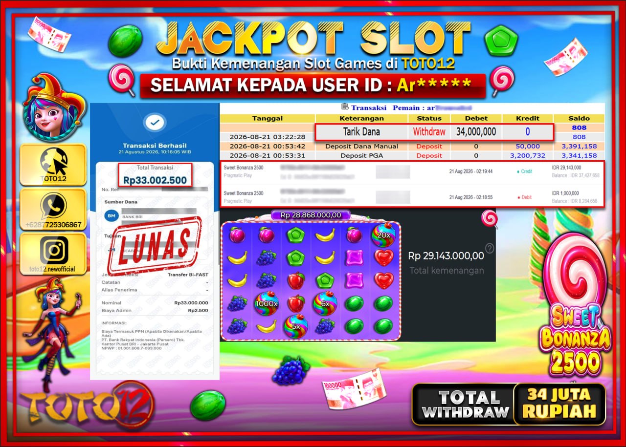 HANYA DI TOTO12 JP PASTI DI BAYAR LUNAS DAN CEPAT!!!!!! JACKPOT SLOT GAME (SWEET BONANZA 2500) Rp34.000.000!!!!