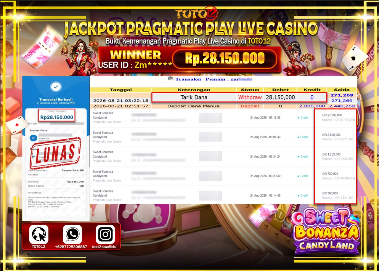HANYA DI TOTO12 JP PASTI DI BAYAR LUNAS DAN CEPAT!!!!!! JACKPOT PRAGMATIC PLAY LIVE GAME CASINO (SWEET BONANZA CANDYLAND) Rp28.150.000!!!!