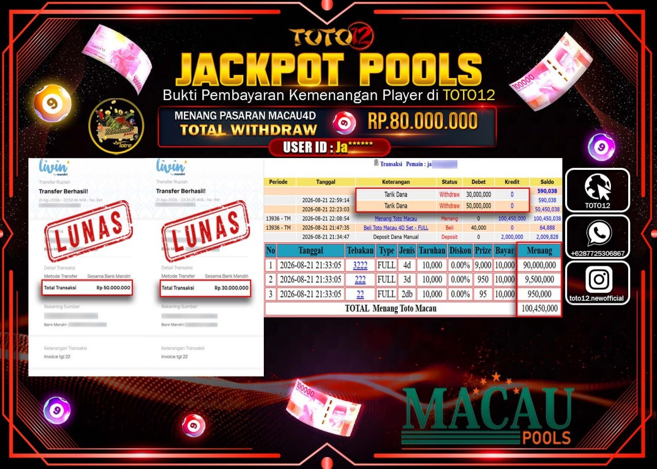 HANYA DI TOTO12 JP PASTI DI BAYAR LUNAS DAN CEPAT!!!!!! JACKPOT POOLS PASARAN (MACAU 4D) Rp80.000.000!!!!