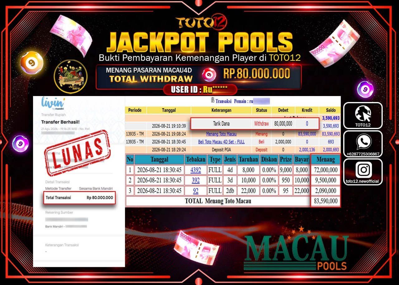 HANYA DI TOTO12 JP PASTI DI BAYAR LUNAS DAN CEPAT!!!!!! JACKPOT POOLS PASARAN (MACAU 4D) Rp80.000.000!!!!