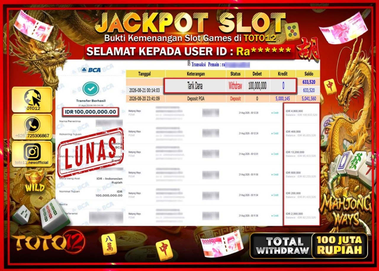 HANYA DI TOTO12 JP PASTI DI BAYAR LUNAS DAN CEPAT!!!!!! JACKPOT SLOT GAME (MAHJONG WAYS) Rp100.000.000!!!!