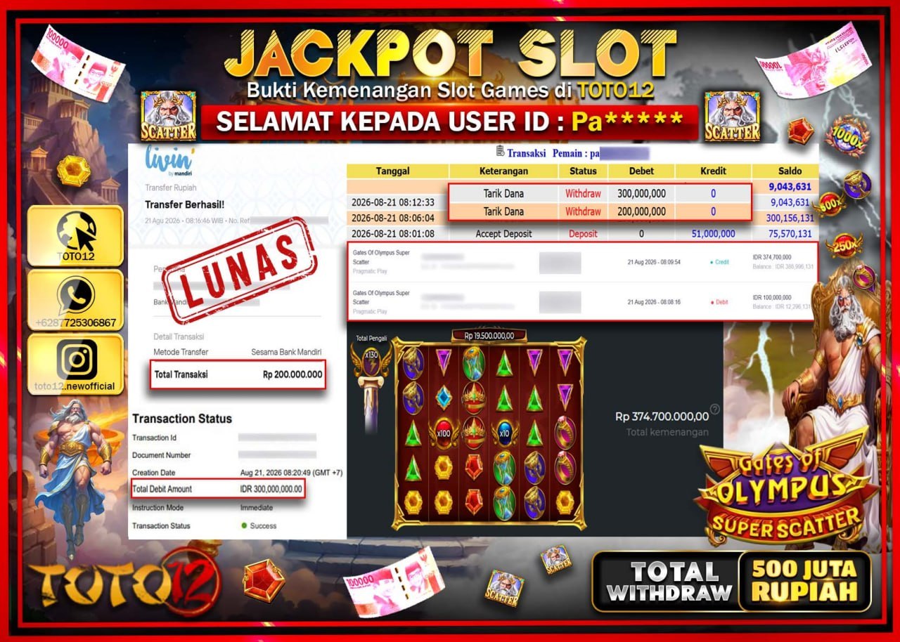 HANYA DI TOTO12 JP PASTI DI BAYAR LUNAS DAN CEPAT!!!!!! JACKPOT SLOT GAME (GATES OF OLYMPUS SUPER SCATTER) Rp500.000.000!!!!