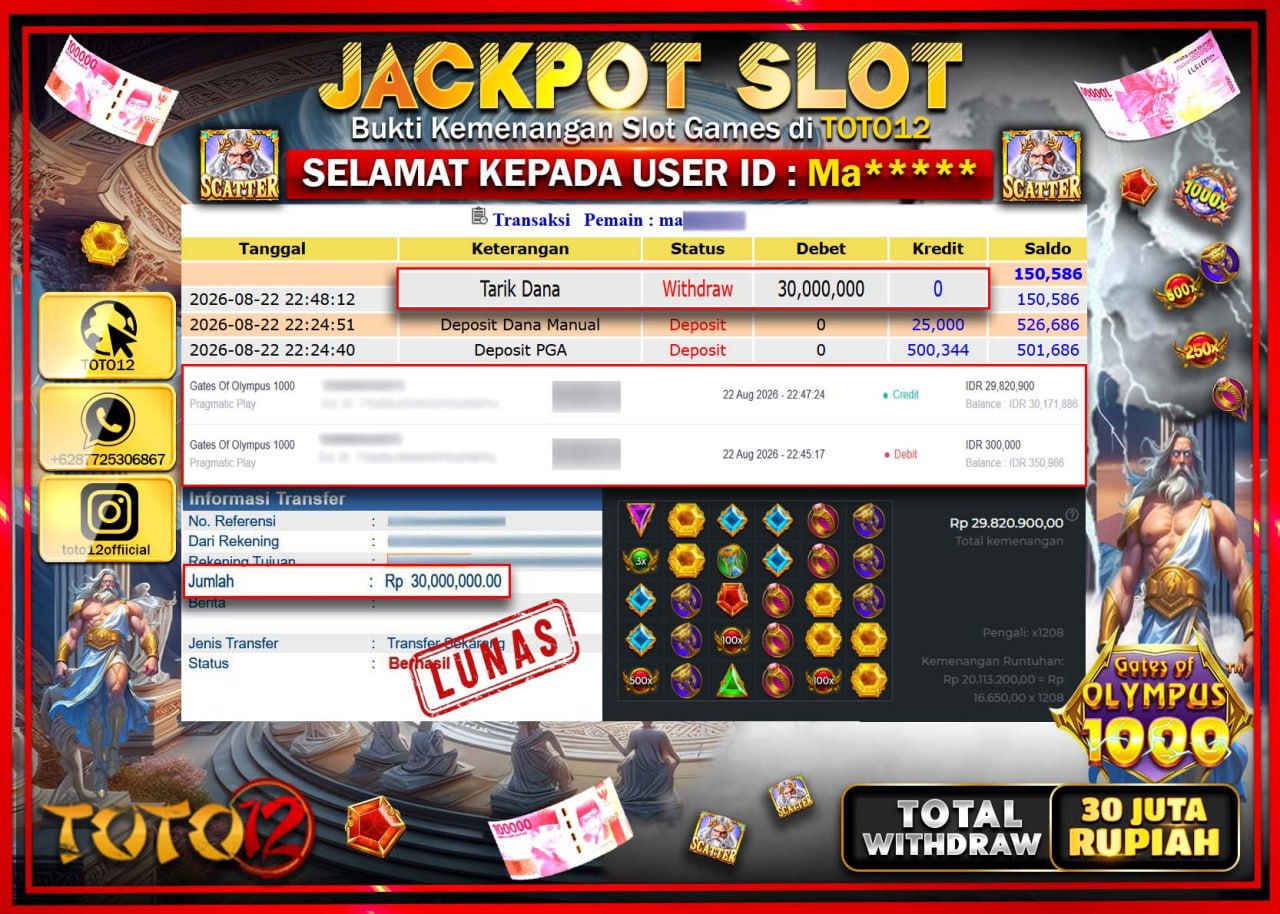 HANYA DI TOTO12 JP PASTI DI BAYAR LUNAS DAN CEPAT!!!!!! JACKPOT SLOT GAME (GATES OF OLYMPUS 1000) Rp30.000.000!!!!