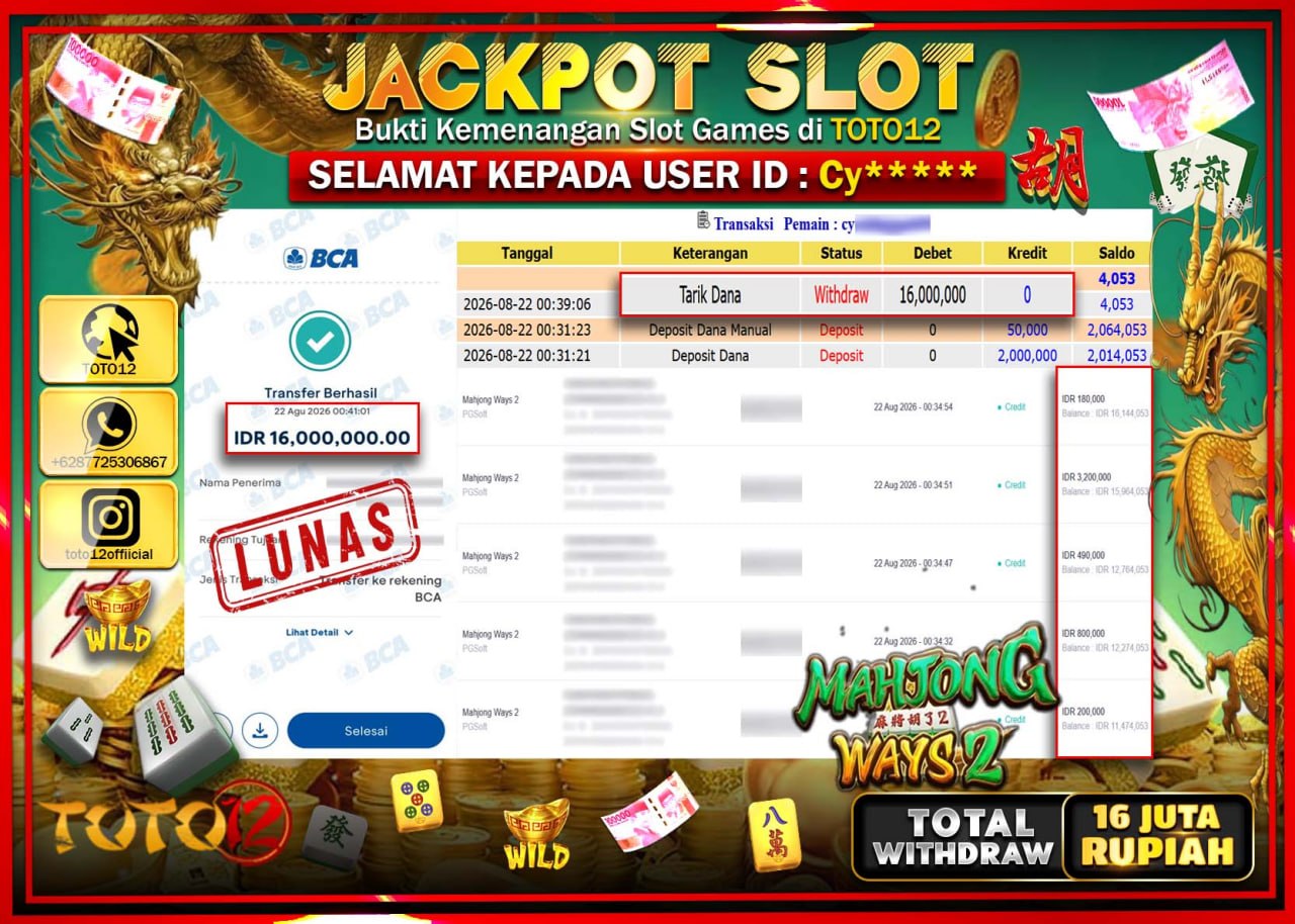 HANYA DI TOTO12 JP PASTI DI BAYAR LUNAS DAN CEPAT!!!!!! JACKPOT SLOT GAME (MAHJONG WAYS 2) Rp16.000.000!!!!