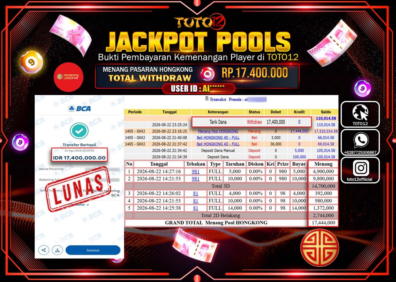 HANYA DI TOTO12 JP PASTI DI BAYAR LUNAS DAN CEPAT!!!!!! JACKPOT POOLS PASARAN (HONGKONG) Rp17.400.000!!!!