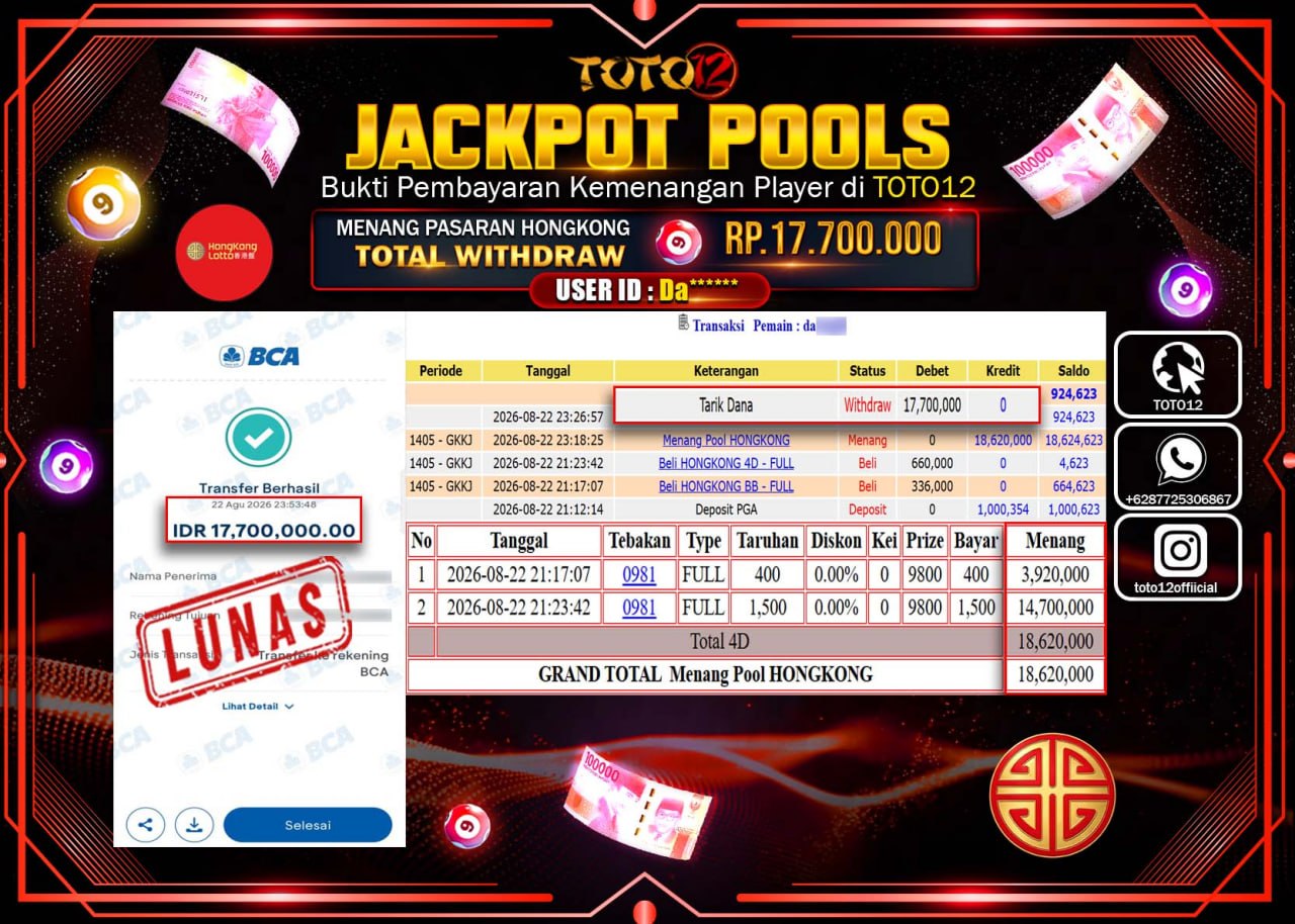 HANYA DI TOTO12 JP PASTI DI BAYAR LUNAS DAN CEPAT!!!!!! JACKPOT POOLS PASARAN (HONGKONG) Rp17.700.000!!!!
