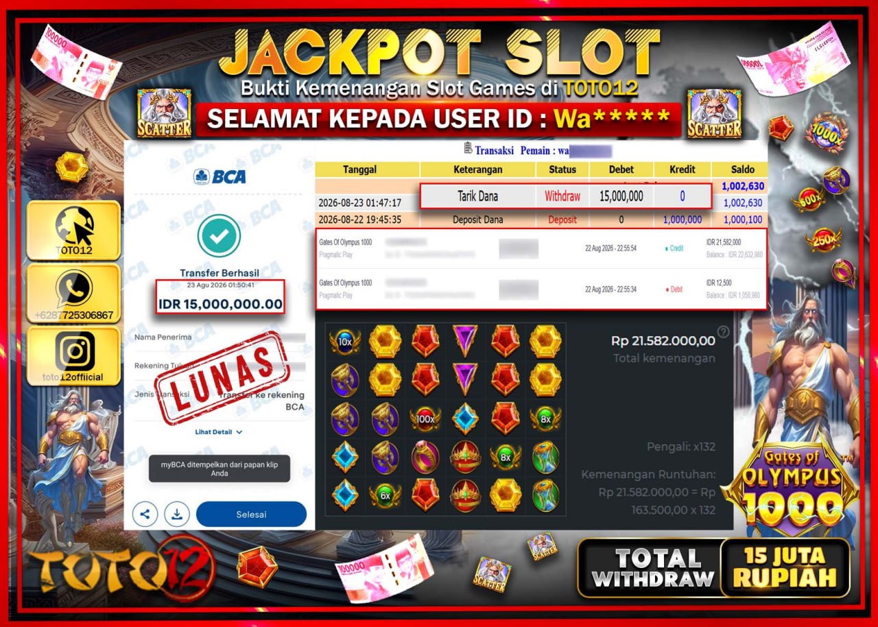 HANYA DI TOTO12 JP PASTI DI BAYAR LUNAS DAN CEPAT!!!!!! JACKPOT SLOT GAME (GATES OF OLYMPUS 1000) Rp15.000.000!!!!