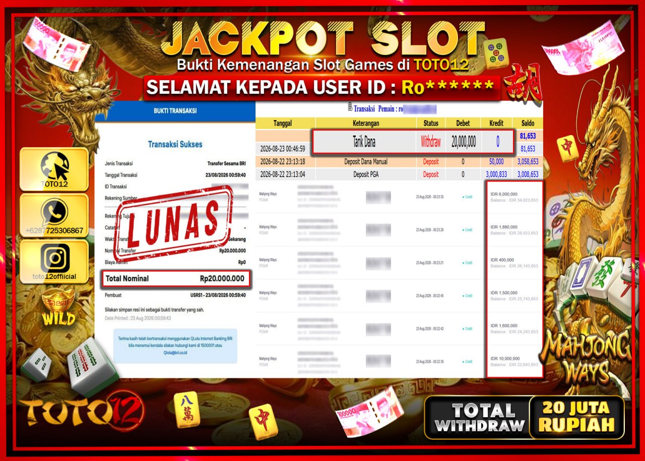 HANYA DI TOTO12 JP PASTI DI BAYAR LUNAS DAN CEPAT!!!!!! JACKPOT SLOT GAME (MAHJONG WAYS) Rp20.000.000!!!!