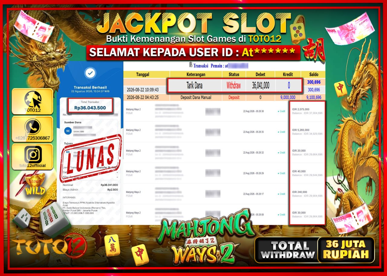 HANYA DI TOTO12 JP PASTI DI BAYAR LUNAS DAN CEPAT!!!!!! JACKPOT SLOT GAME (MAHJONG WAYS 2) Rp36.041.000!!!!