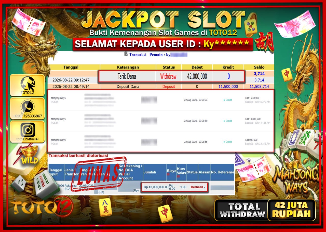 HANYA DI TOTO12 JP PASTI DI BAYAR LUNAS DAN CEPAT!!!!!! JACKPOT SLOT GAME (MAHJONG WAYS) Rp42.000.000!!!!