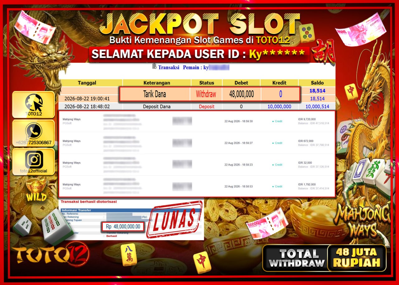 HANYA DI TOTO12 JP PASTI DI BAYAR LUNAS DAN CEPAT!!!!!! JACKPOT SLOT GAME (MAHJONG WAYS) Rp48.000.000!!!!